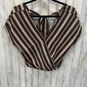Xhilaration Sexy Vneck Womens Cropped Short Sleeve Y2K Brown Striped Tie Back S